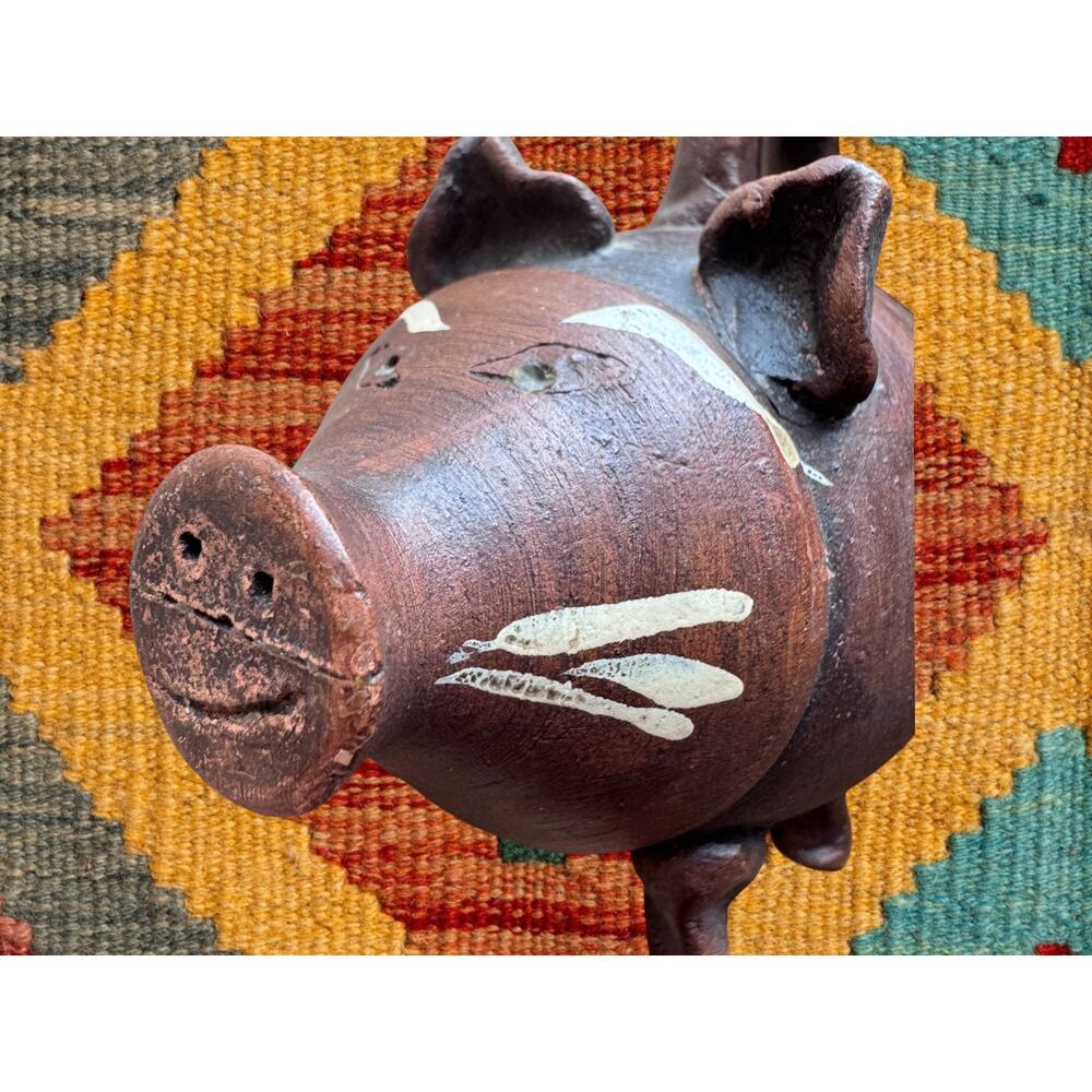 Vintage Mexican Folk Art Terracotta Piggy Bank with Handle 5” Brown Pottery - Picture 7 of 8